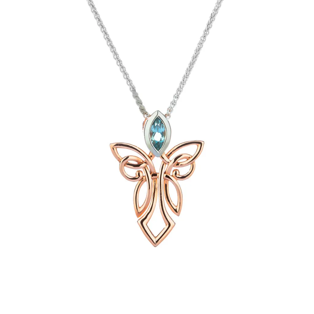 10k Rose and White Gold Guardian Angel Pendant-Blue Topaz