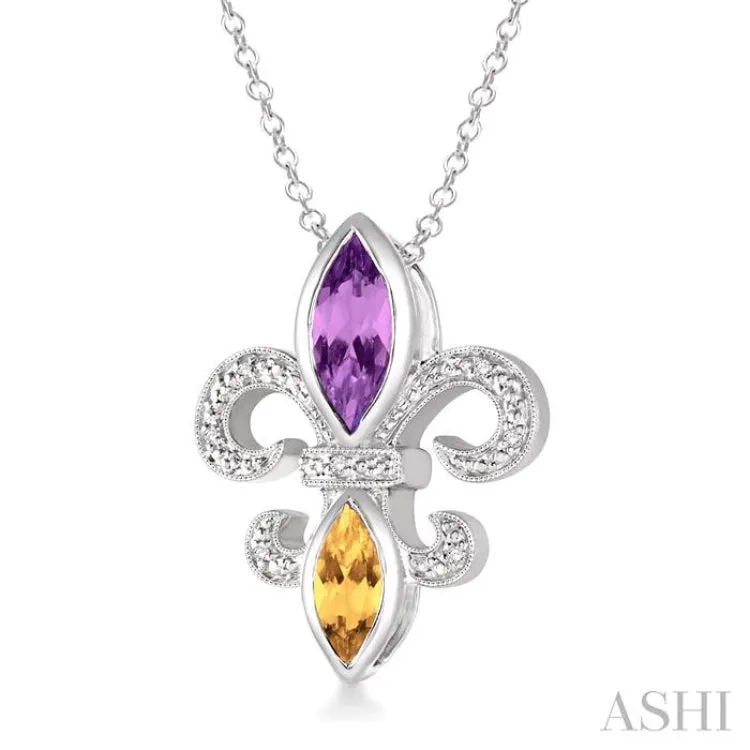 10x5 & 8x4  MM marquise cut Amethyst and Citrine and 1/50 Ctw Single Cut Diamond Fleur De Lis Pendant in Sterling Silver with Chain