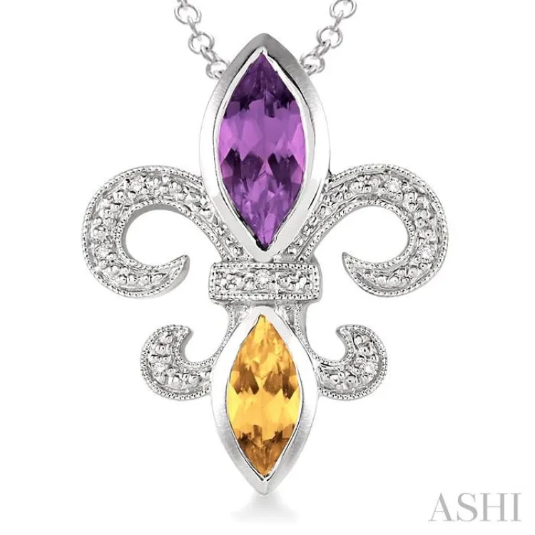 10x5 & 8x4 mm marquise cut Amethyst and Citrine and 1/50 Ctw Single Cut Diamond Fleur De Lis Pendant in Sterling Silver with Chain