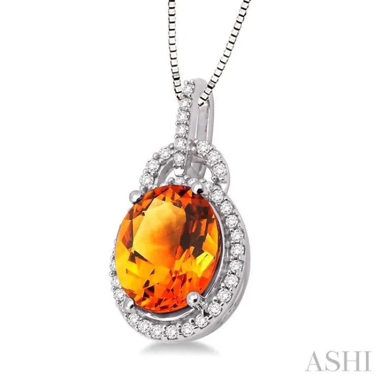 11x9mm Oval Cut Citrine and 1/3 Ctw Round Cut Diamond Pendant in 14K White Gold with Chain