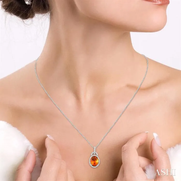 11x9mm Oval Cut Citrine and 1/3 Ctw Round Cut Diamond Pendant in 14K White Gold with Chain