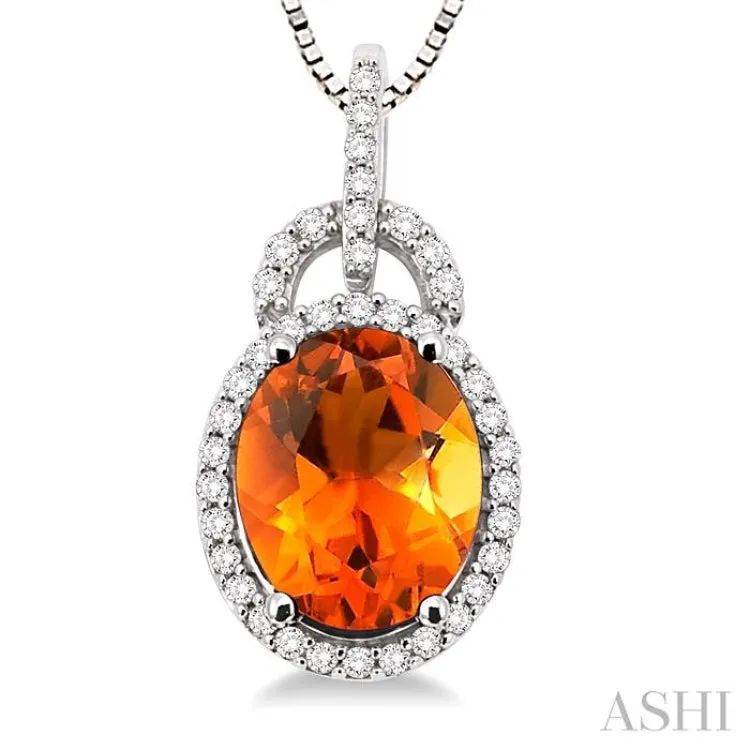 11x9mm Oval Cut Citrine and 1/3 Ctw Round Cut Diamond Pendant in 14K White Gold with Chain