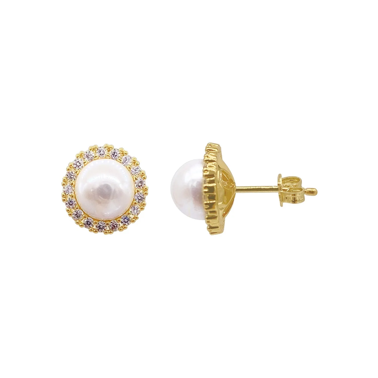 14k Gold Plated Halo Freshwater Pearl Crystal Studs