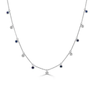 14K Gold Round Diamond & Sapphire Necklace