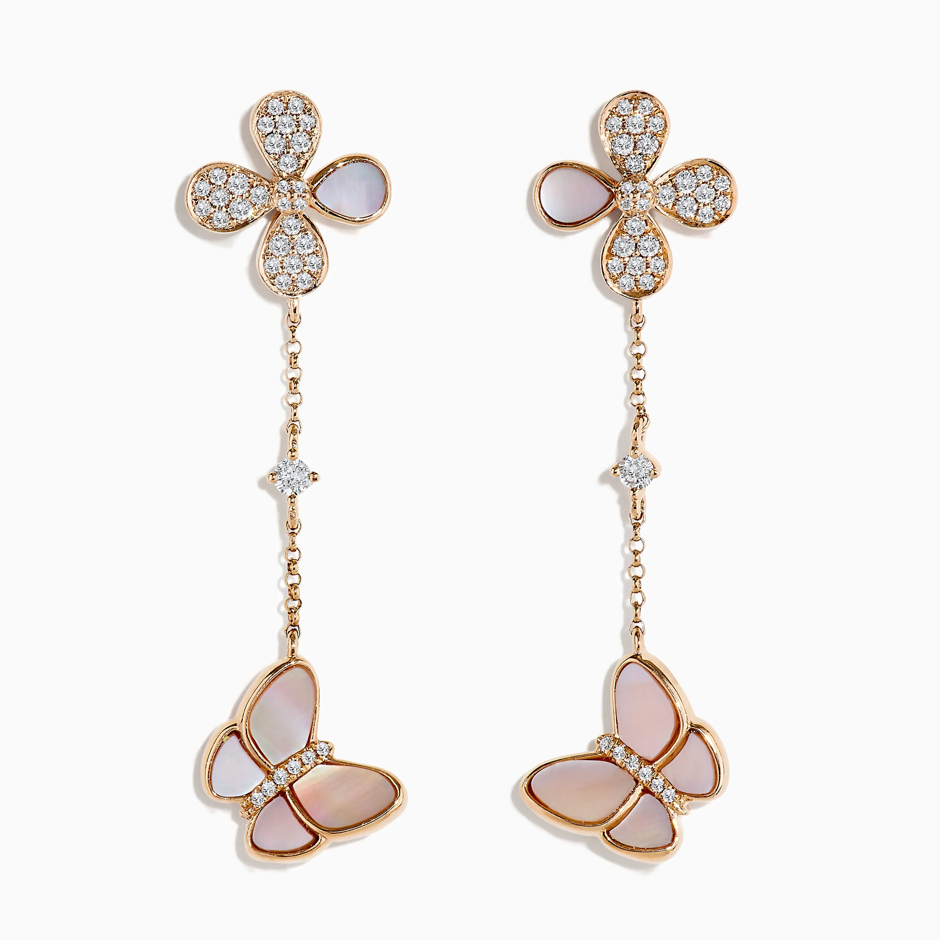 14K Rose Gold Mother of Pearl and Diamond Butterfly Earrings, 0.39 TCW