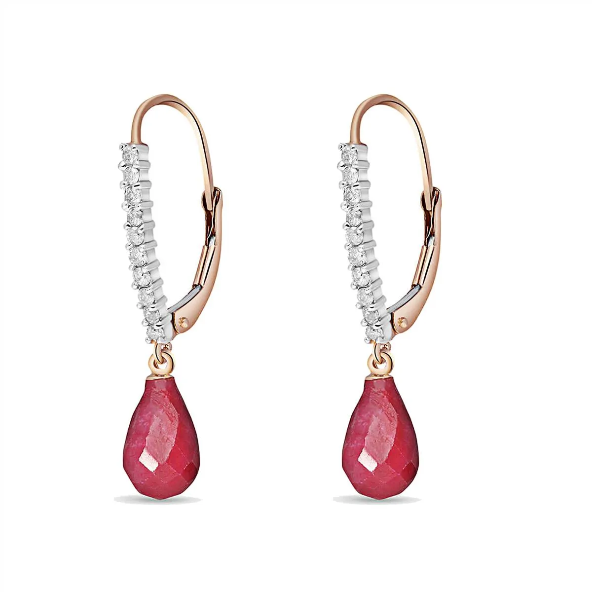 14K Solid Rose Gold Leverback Earrings Diamond & Ruby Gemstone