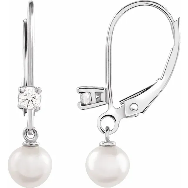 14K White Gold Cultured White Akoya Pearl Lever Back Earrings