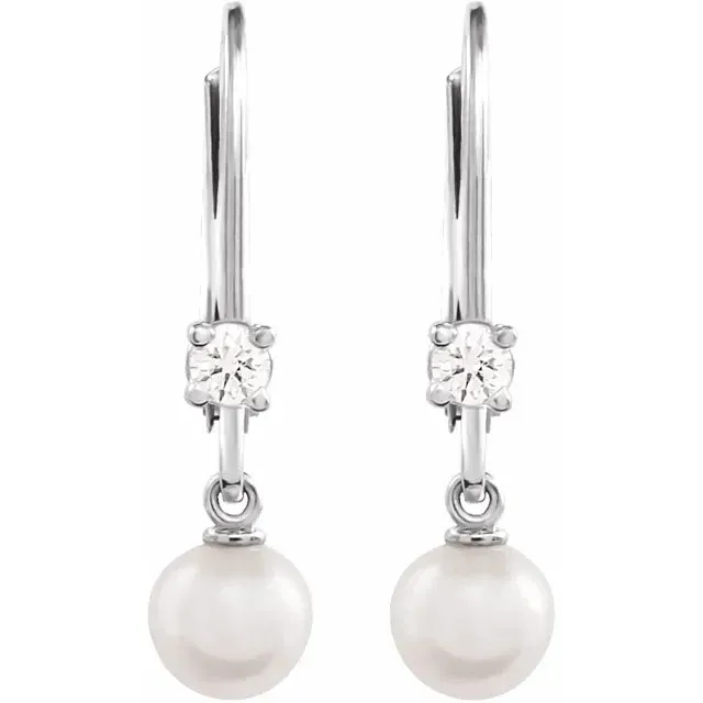 14K White Gold Cultured White Akoya Pearl Lever Back Earrings