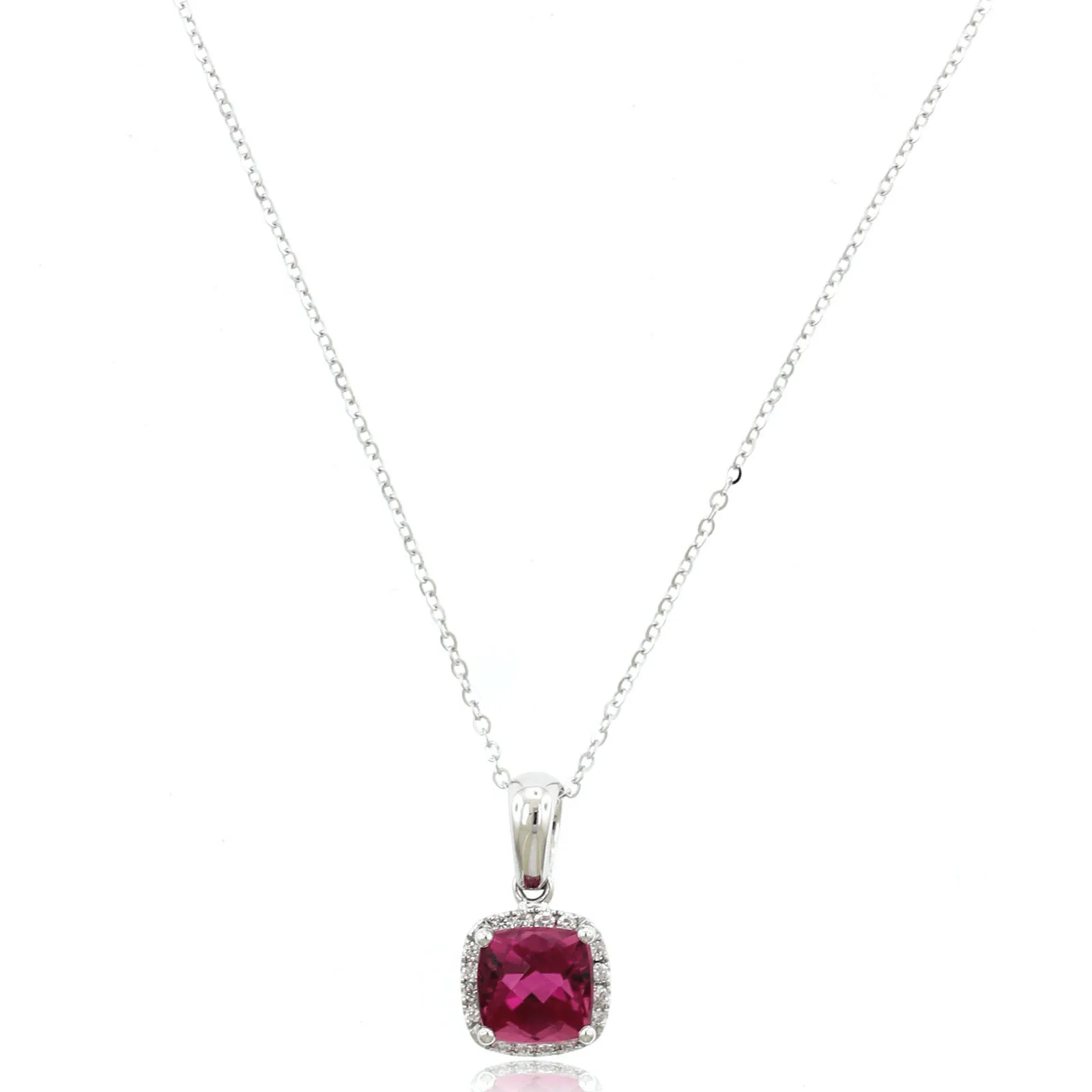 14K White Gold Cushion Pink Tourmaline Diamond Halo Necklace