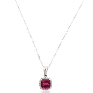 14K White Gold Cushion Pink Tourmaline Diamond Halo Necklace