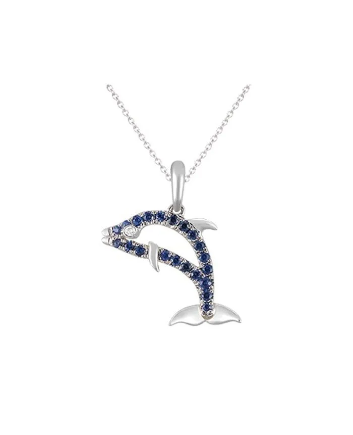 14k White Gold Dolphin Pendant with Diamond and Blue Sapphires