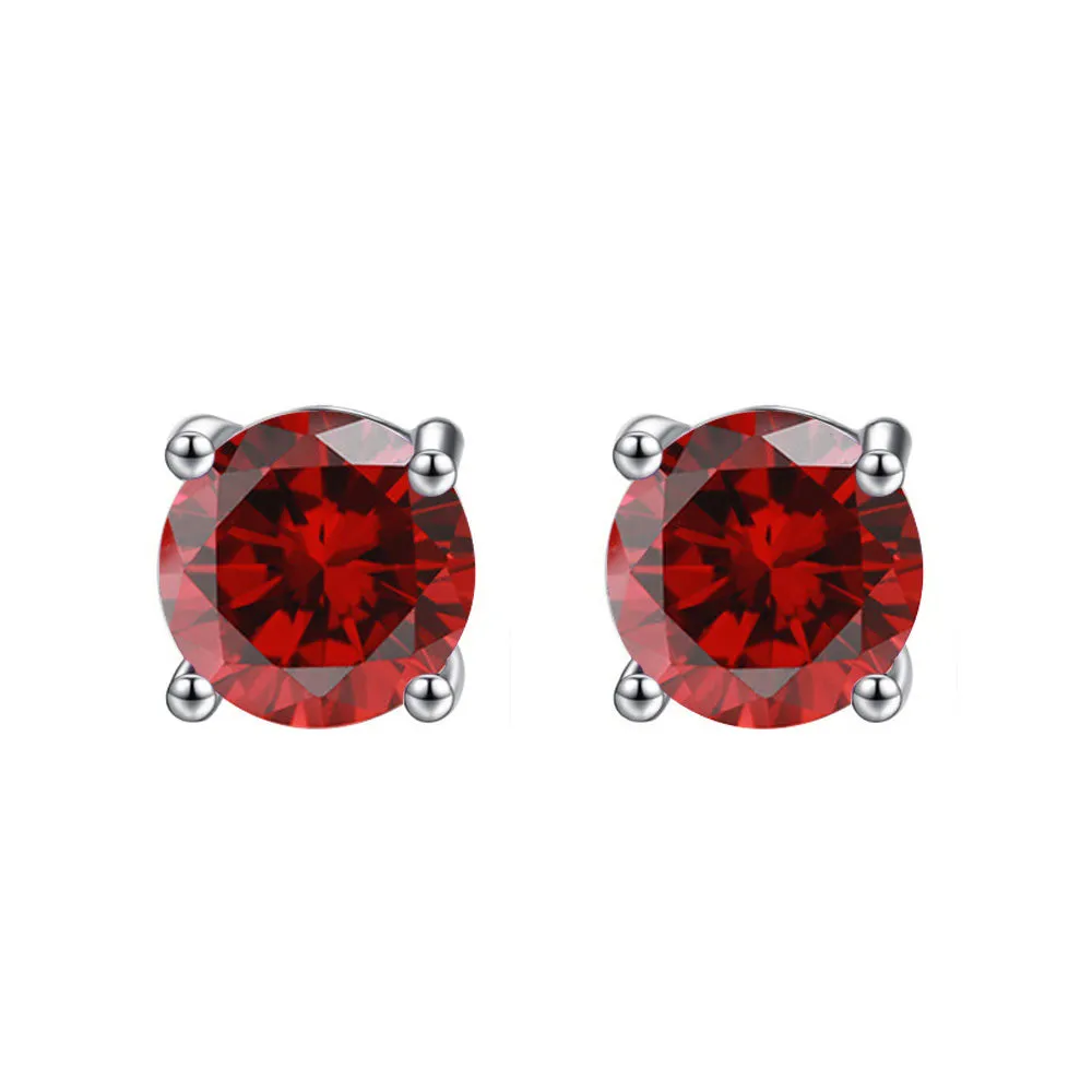 14k White Gold Plated Created Ruby Round Stud Earrings 6mm