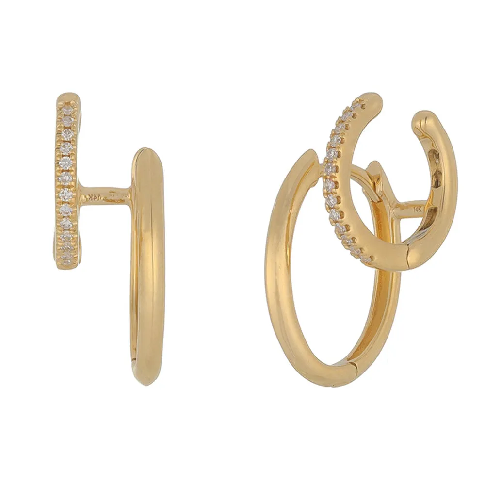 14K Yellow Gold Connected Double Hoop Earrings Diamond and Smooth