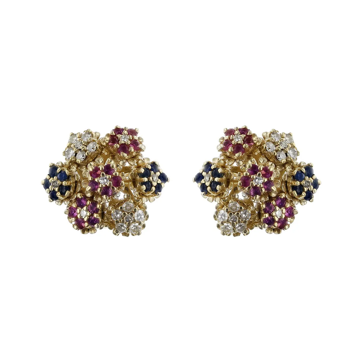 14K Yellow Gold Ruby, Sapphire and Diamond Cluster Earrings