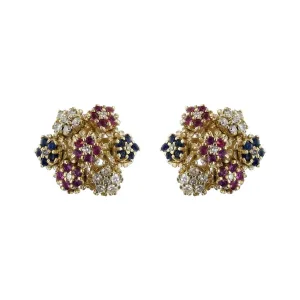 14K Yellow Gold Ruby, Sapphire and Diamond Cluster Earrings