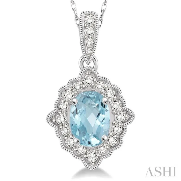 1/6 Ctw Round Cut Diamond and Ethnic Oval Cut 6x4mm Aquamarine Semi Precious Pendant in 10K White Gold with chain