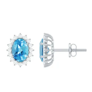 1.75 CT Oval Cut Swiss Blue Topaz and Moissanite Starburst Stud Earrings