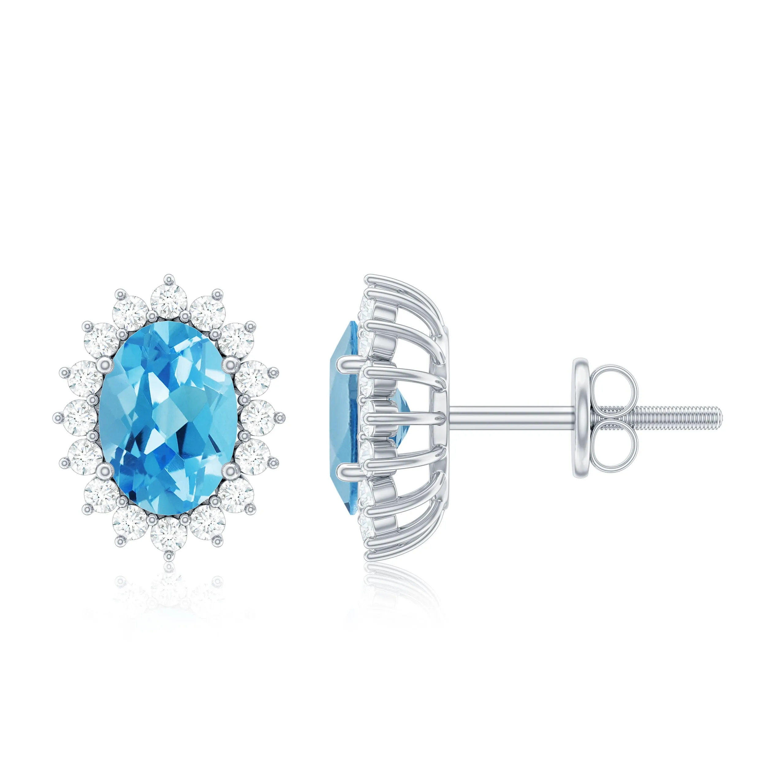 1.75 CT Oval Cut Swiss Blue Topaz and Moissanite Starburst Stud Earrings