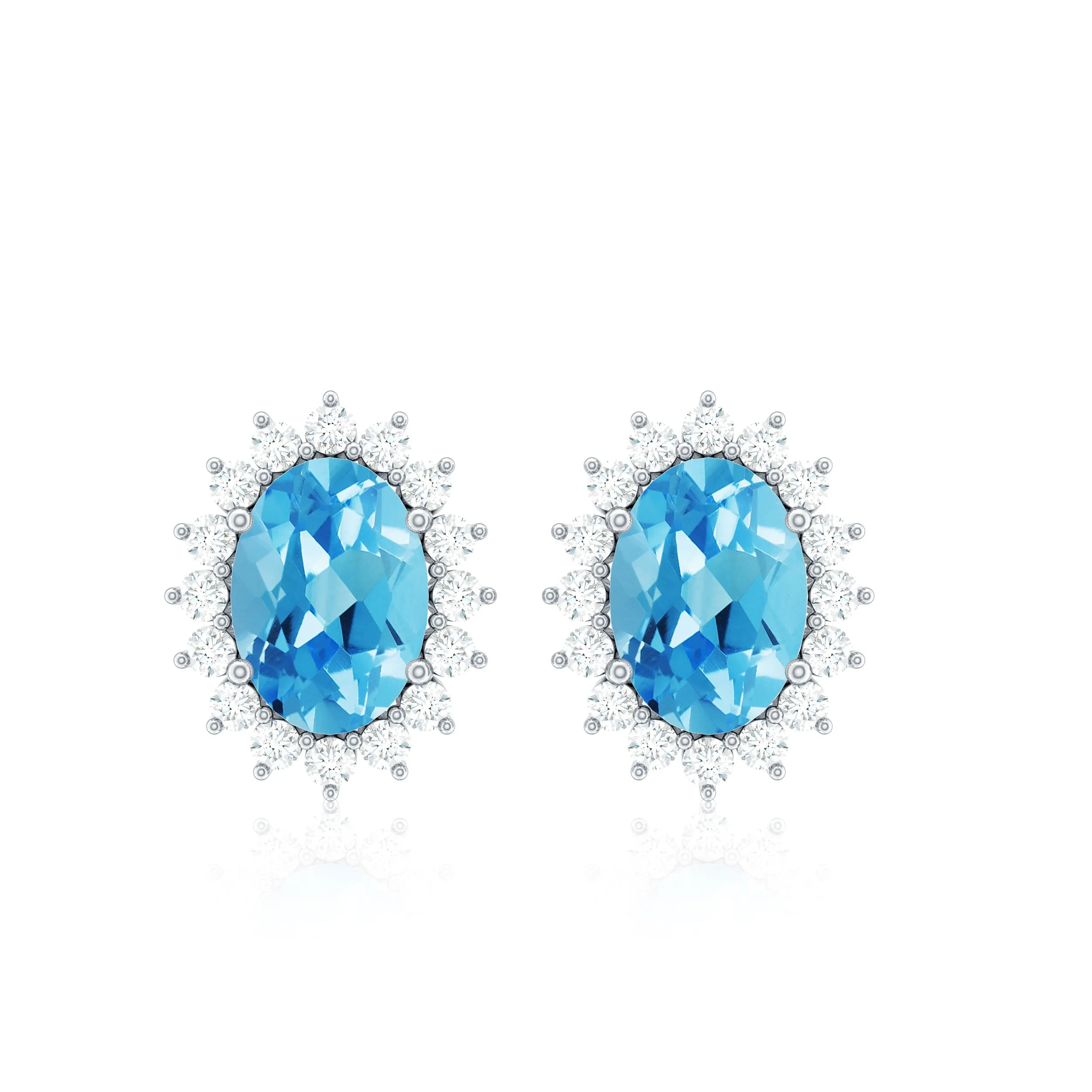 1.75 CT Oval Cut Swiss Blue Topaz and Moissanite Starburst Stud Earrings