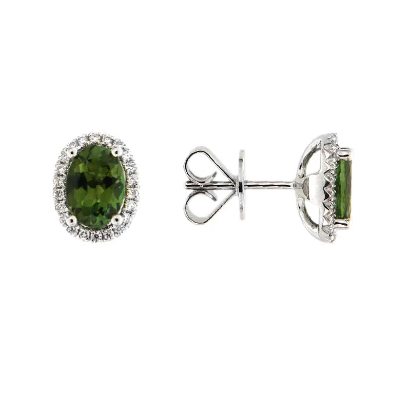 18ct white gold green tourmaline and diamond halo cluster claw set stud earrings