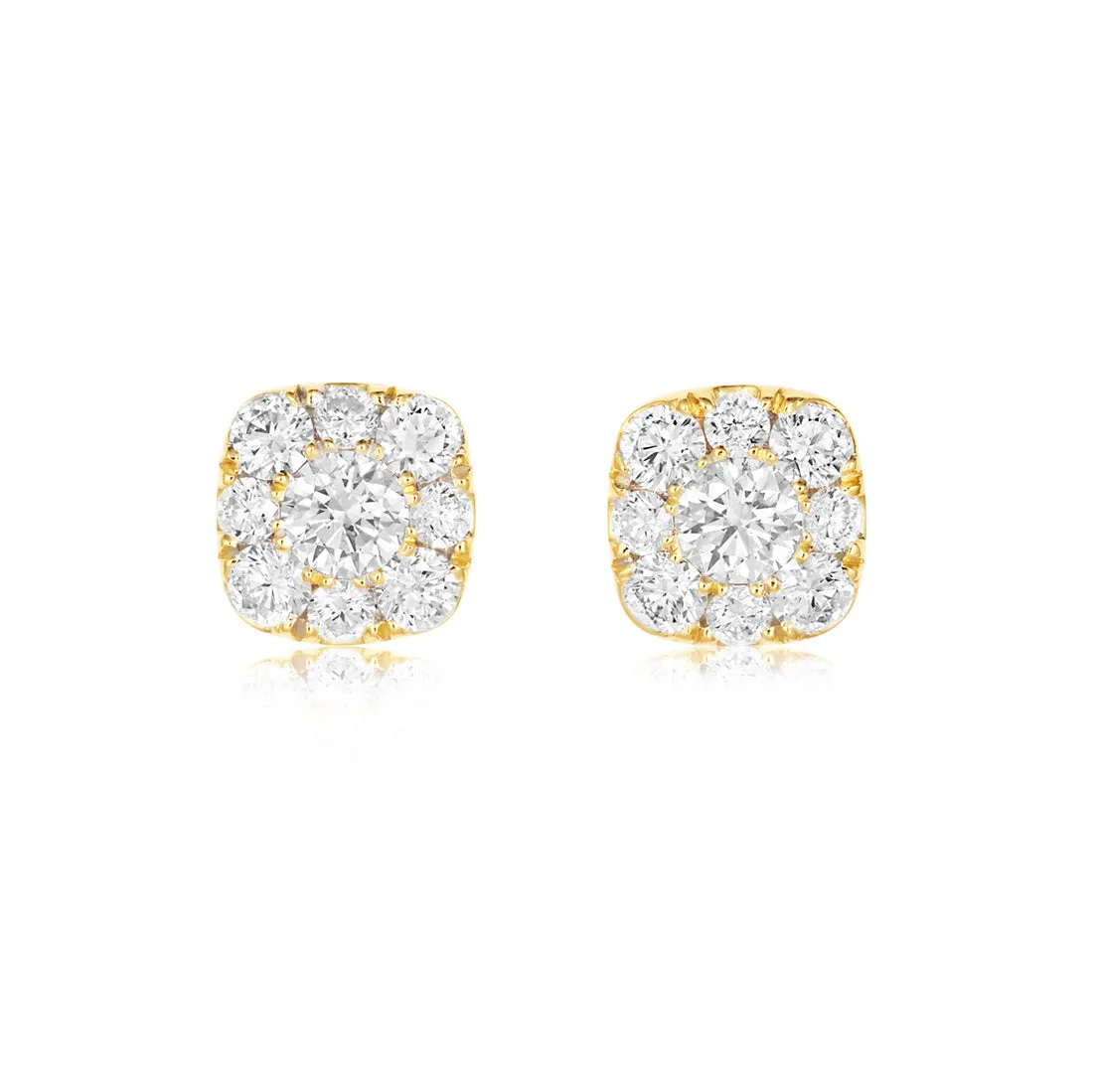 18ct yellow gold cushion shaped cluster stud earrings set with brilliant cut claw set diamonds