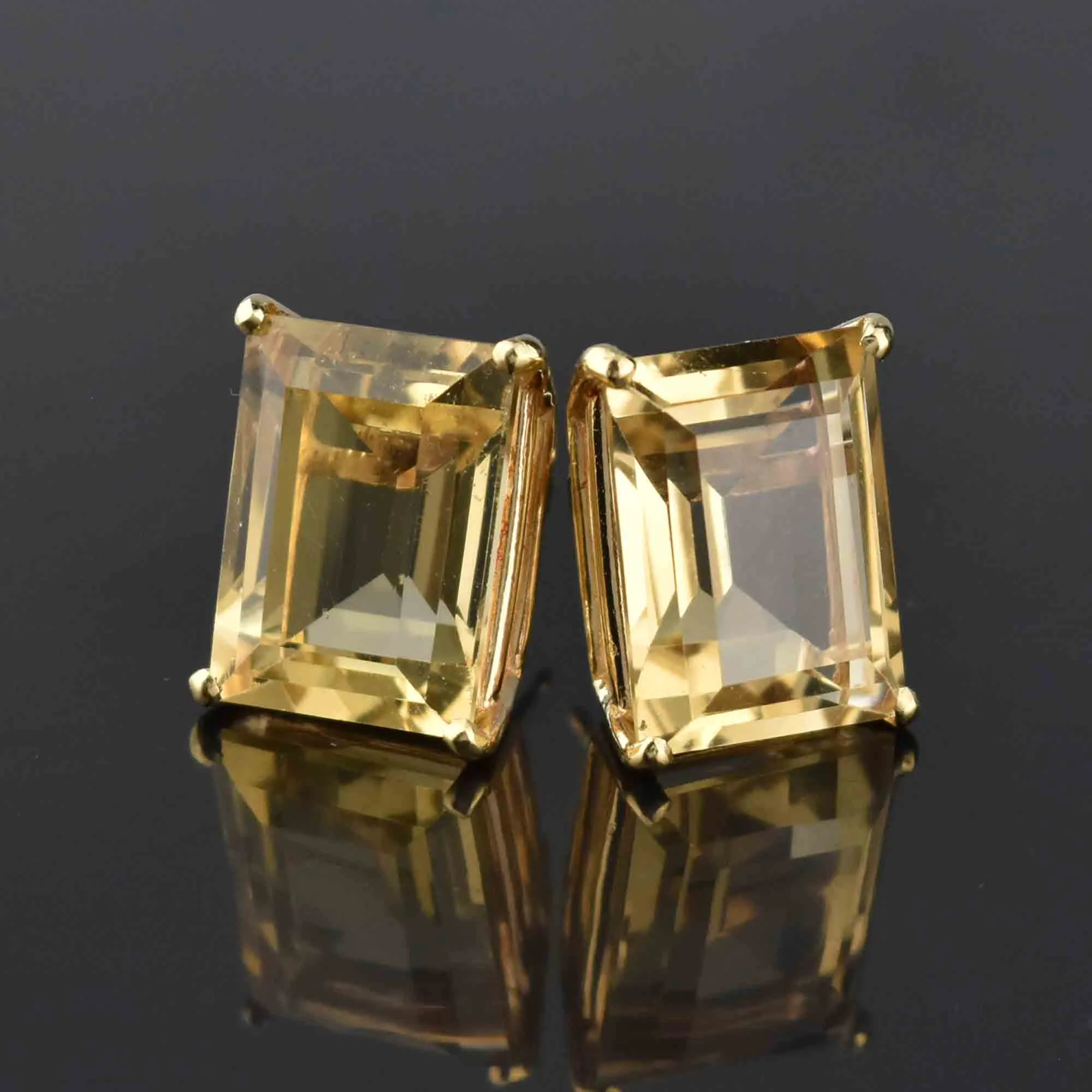 18CTW 14K Gold Emerald Step Cut Citrine Stud Earrings