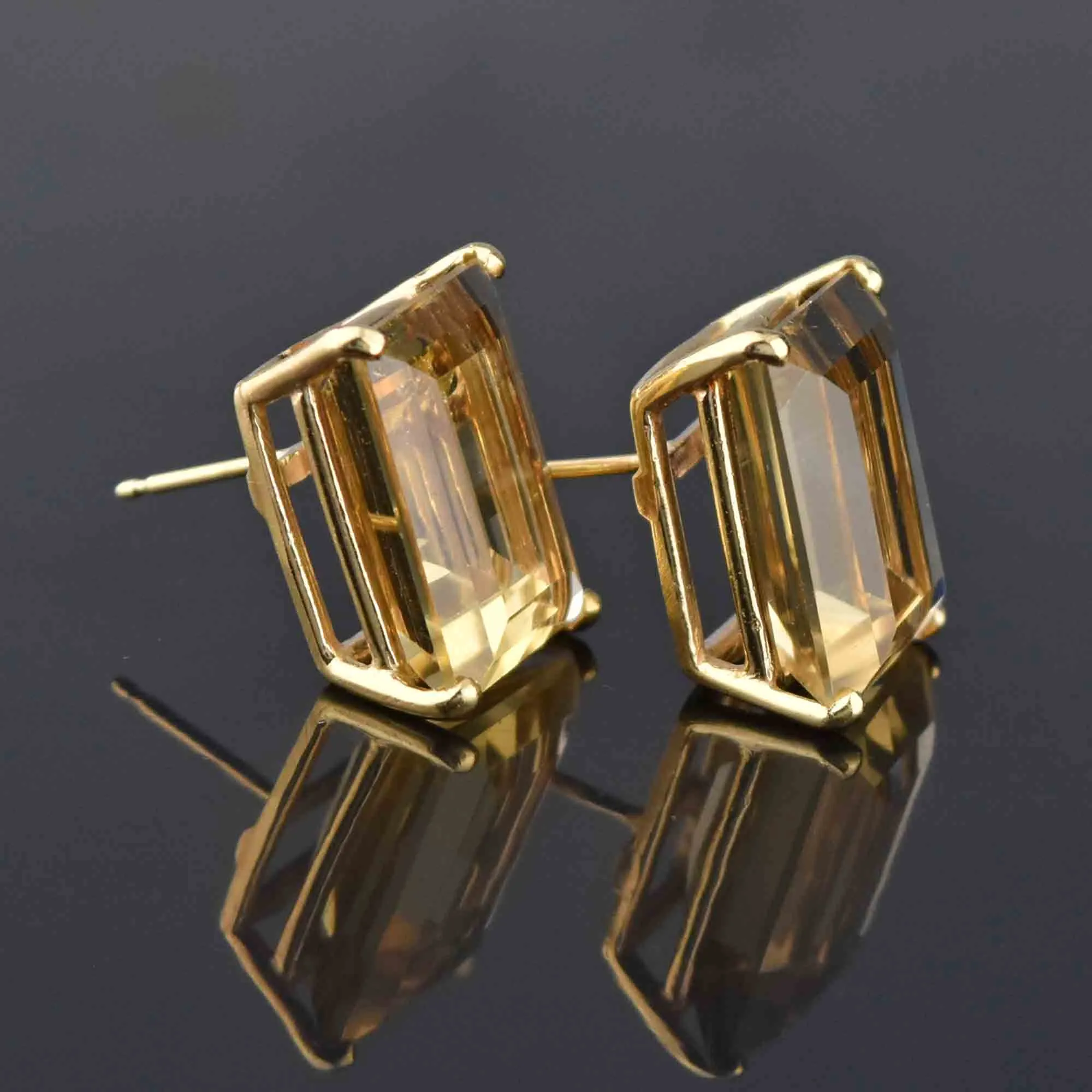 18CTW 14K Gold Emerald Step Cut Citrine Stud Earrings