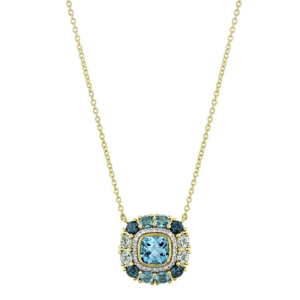 18K Gold Double Halo Blue Topaz and Diamond Necklace