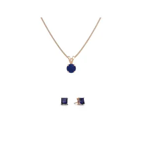 18K Rose Gold 1ct Blue Sapphire Round 18 Inch Necklace and Square Earrings Set Plated