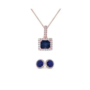 18K Rose Gold 3ct Halo Blue Sapphire Square 18 Inch Necklace and Halo Round Earrings Set Plated