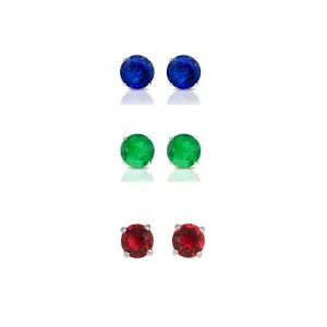 18k White Gold Plated 1Ct Created Blue Sapphire, Emerald and Ruby 3 Pair Round Stud Earrings