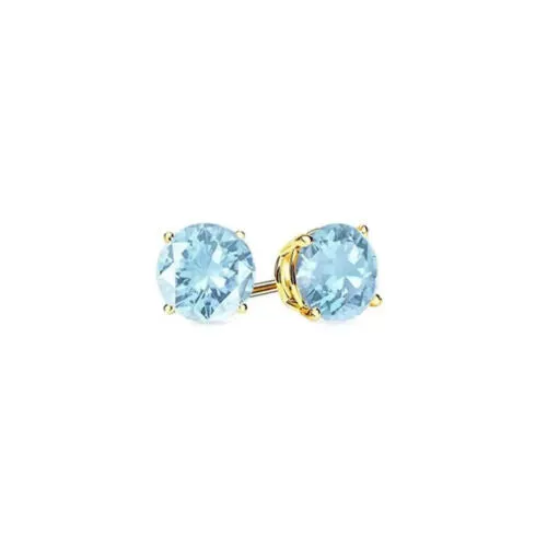 18k Yellow Gold Plated 1/4 Carat Round Created Aquamarine Stud Earrings 4mm