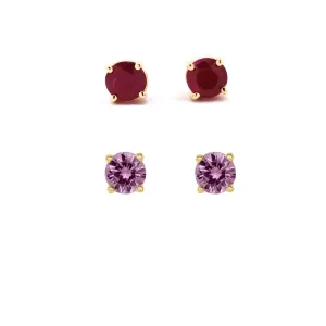 18k Yellow Gold Plated 1Ct Created Ruby and Pink Sapphire 2 Pair Round Stud Earrings