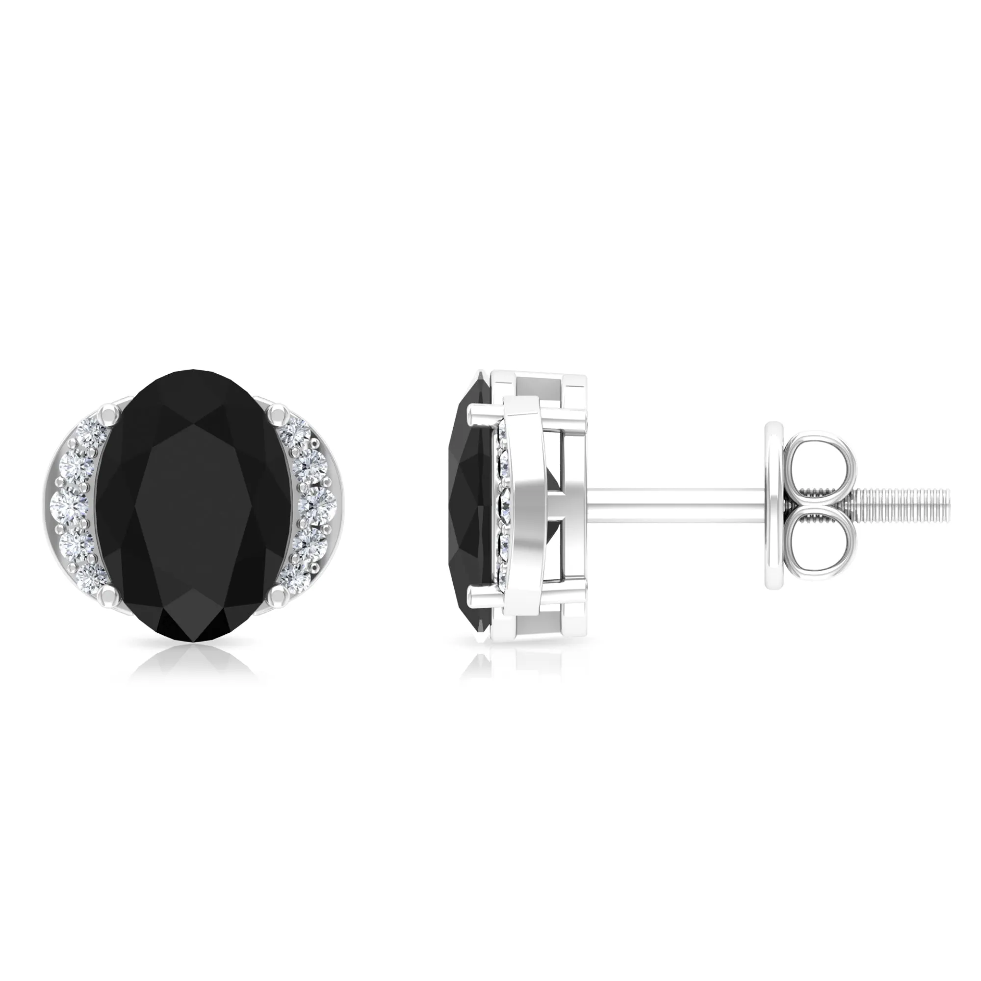 2.25 CT Oval Black Spinel Minimal Stud Earrings with Diamond Accent