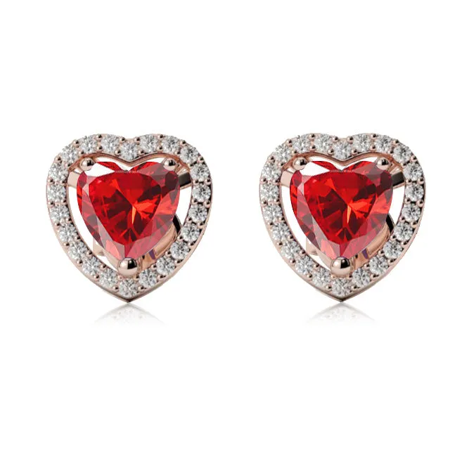 24k Rose Gold Plated 2 Ct Created Halo Heart Ruby Stud Earrings