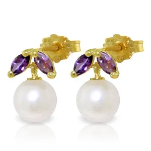 4.4 Carat 14K Solid Yellow Gold Stud Earrings Pearl Amethyst