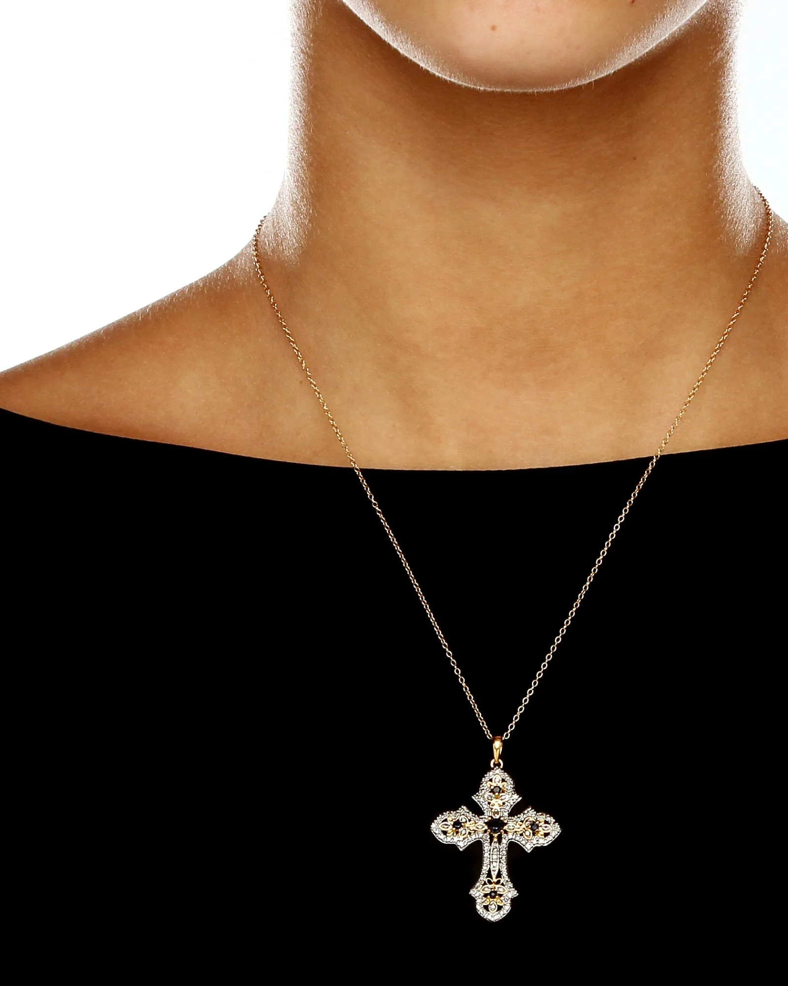 .46 TCW Genuine Sapphire Diamond Accent 18k Gold-plated Silver Cross Necklace | White