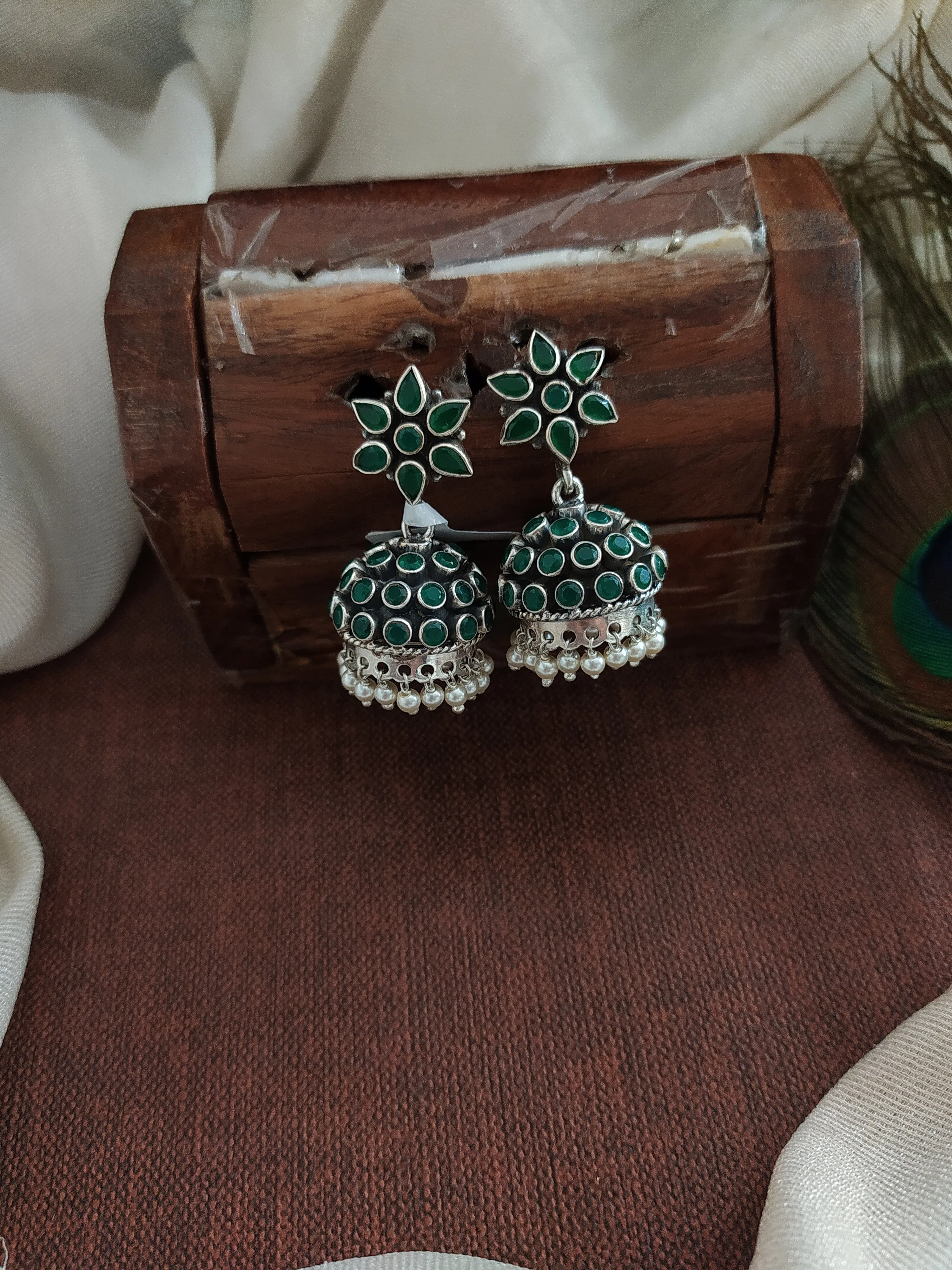 92.5 Pure Silver Jhumki in Oxidized Finish with Stones and Pearl Drops