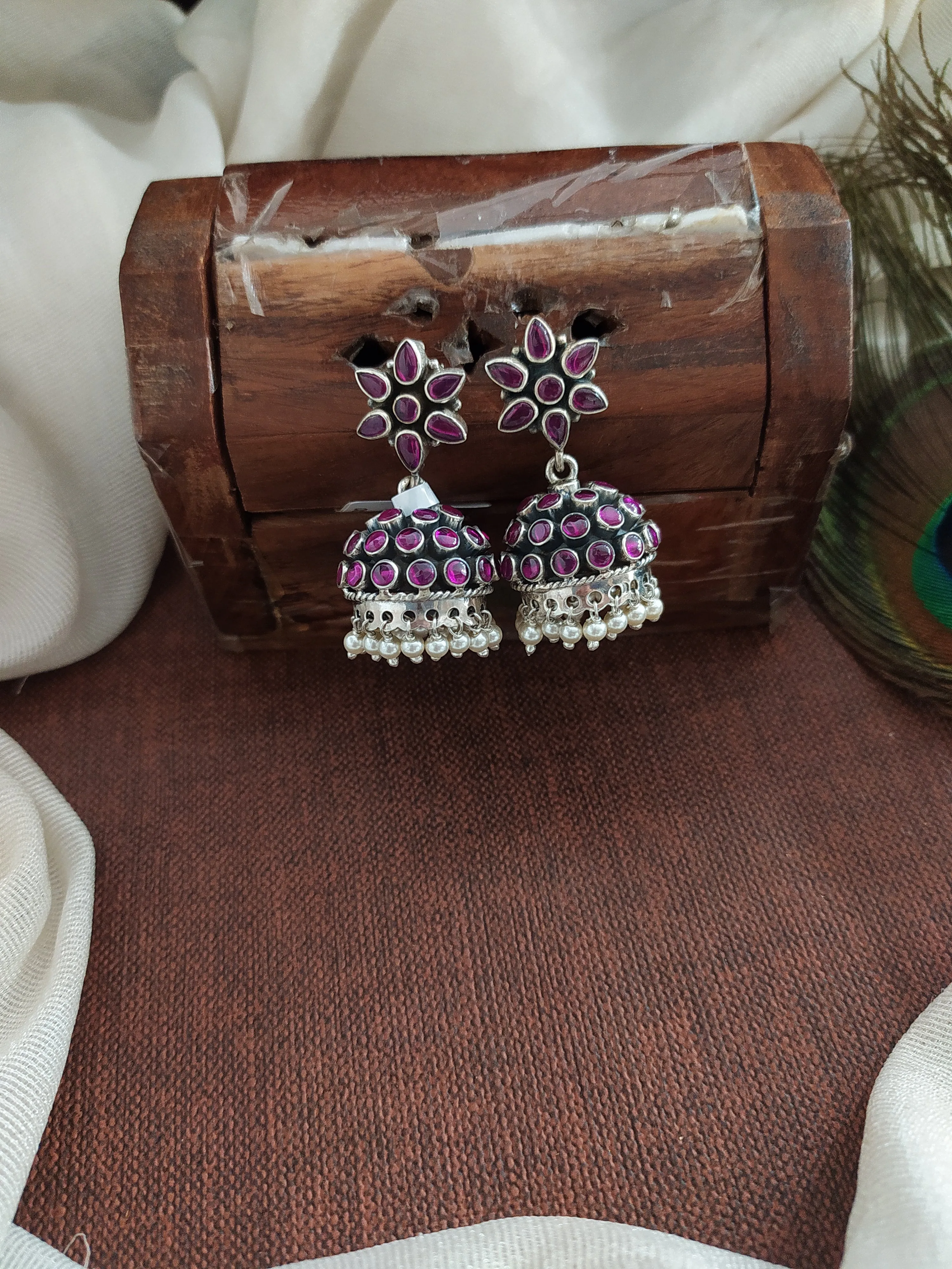 92.5 Pure Silver Jhumki in Oxidized Finish with Stones and Pearl Drops