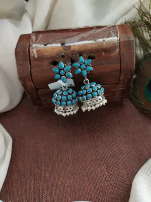 92.5 Pure Silver Jhumki in Oxidized Finish with Stones and Pearl Drops