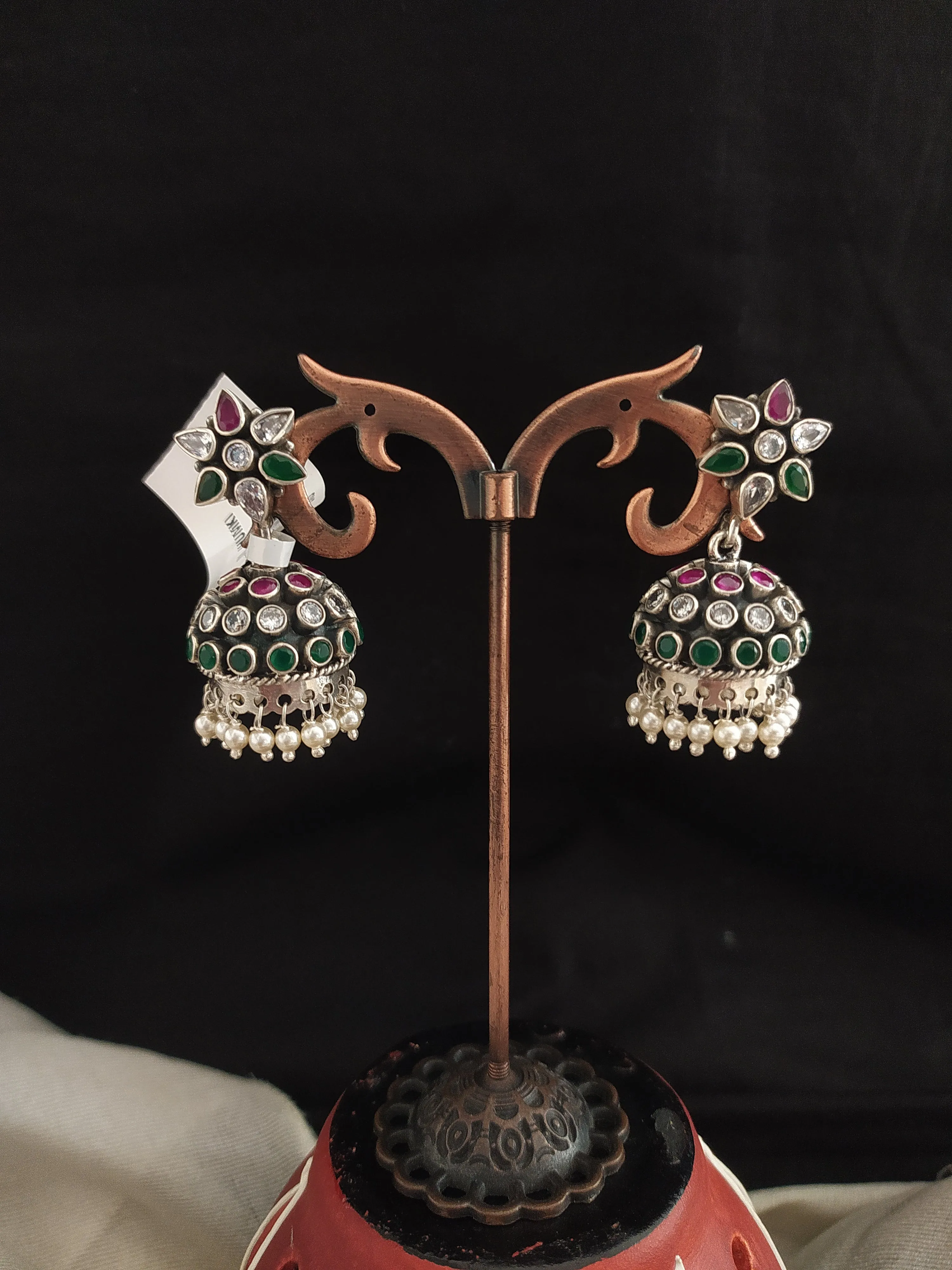 92.5 Pure Silver Jhumki in Oxidized Finish with Stones and Pearl Drops