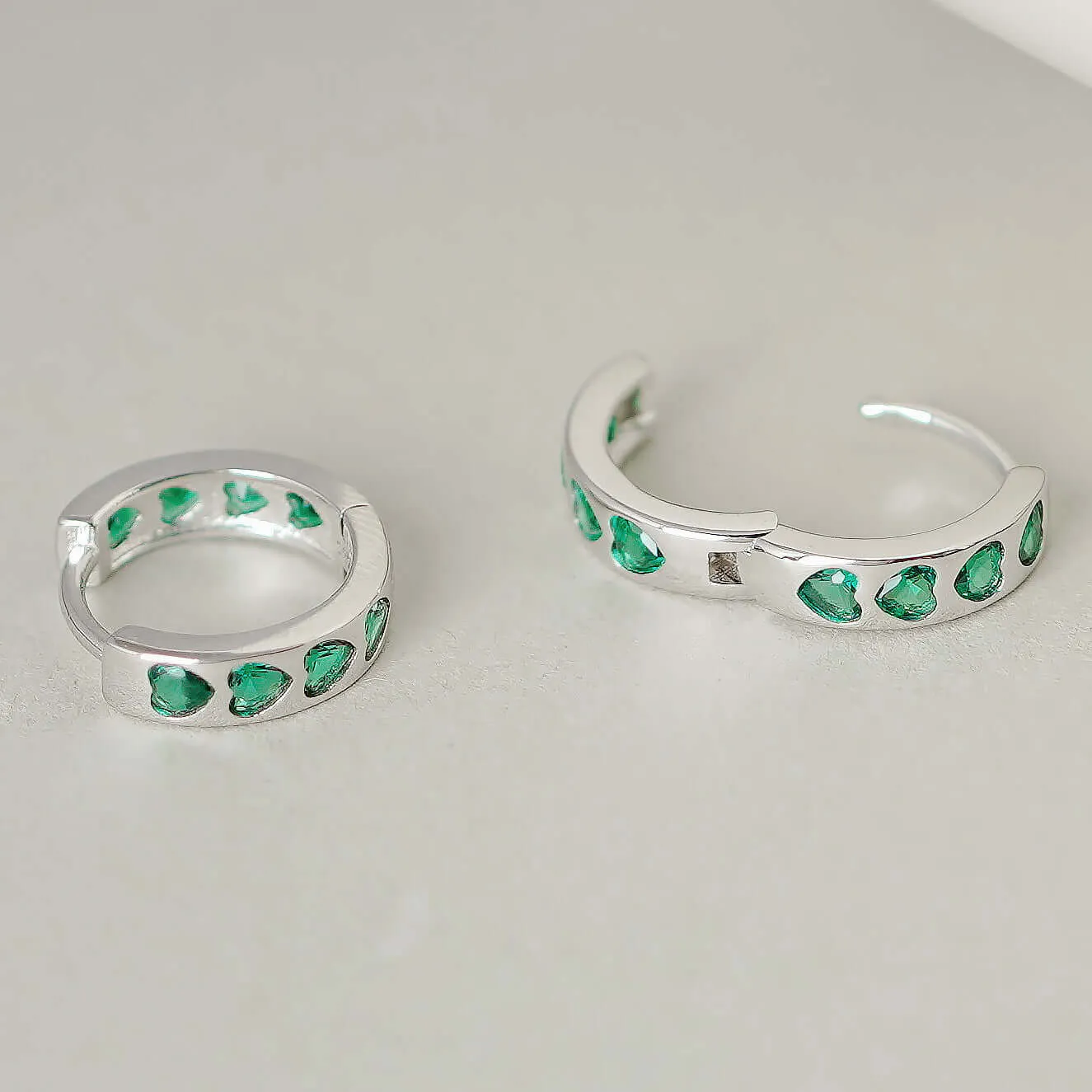 925 Silver Green CZ Diamond Heart Huggie Earrings