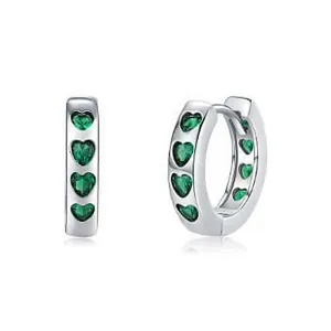 925 Silver Green CZ Diamond Heart Huggie Earrings