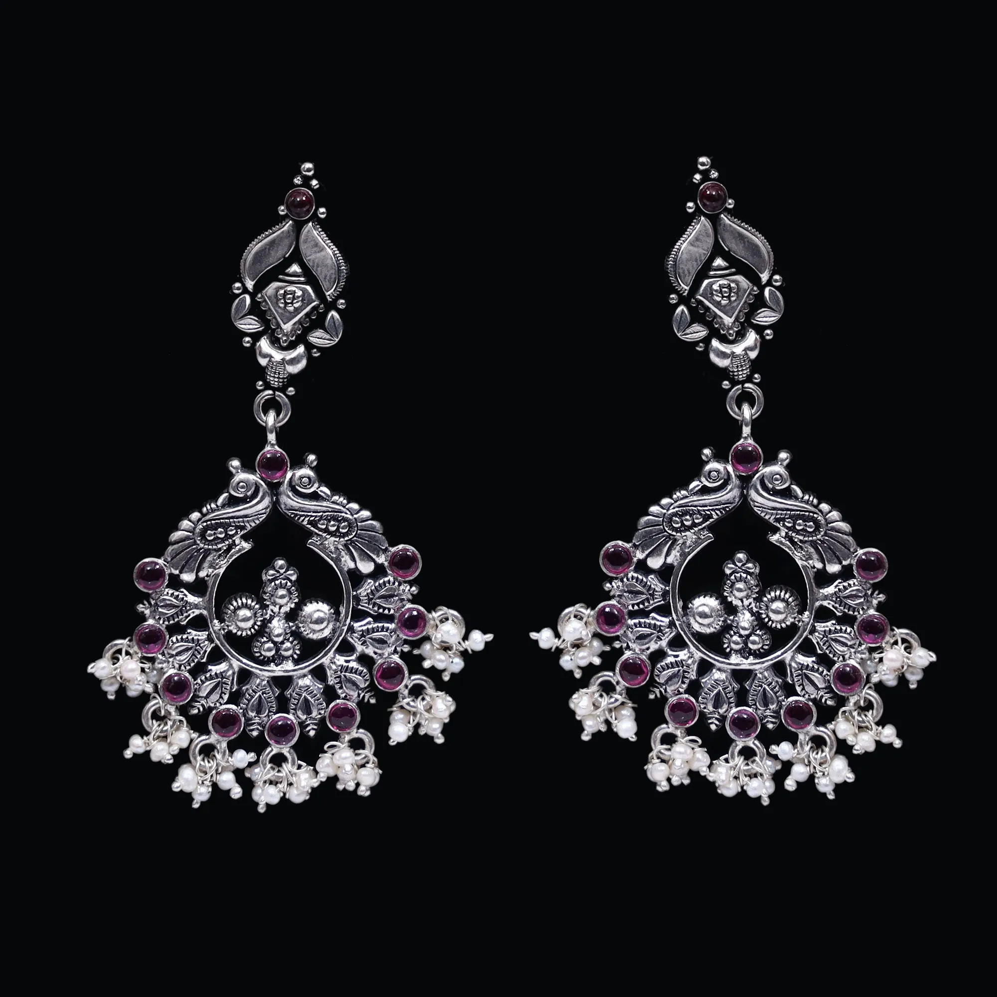 925 Silver Handmade Earring with Ruby Color and Fresh Water Pearl Hanging