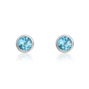 9ct White Gold Round Swiss Blue Topaz Rubover Stud Earrings 3mm