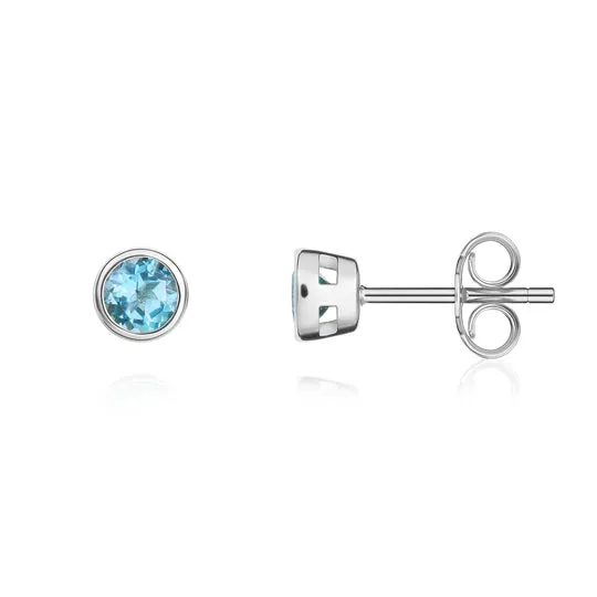 9ct White Gold Round Swiss Blue Topaz Rubover Stud Earrings 3mm