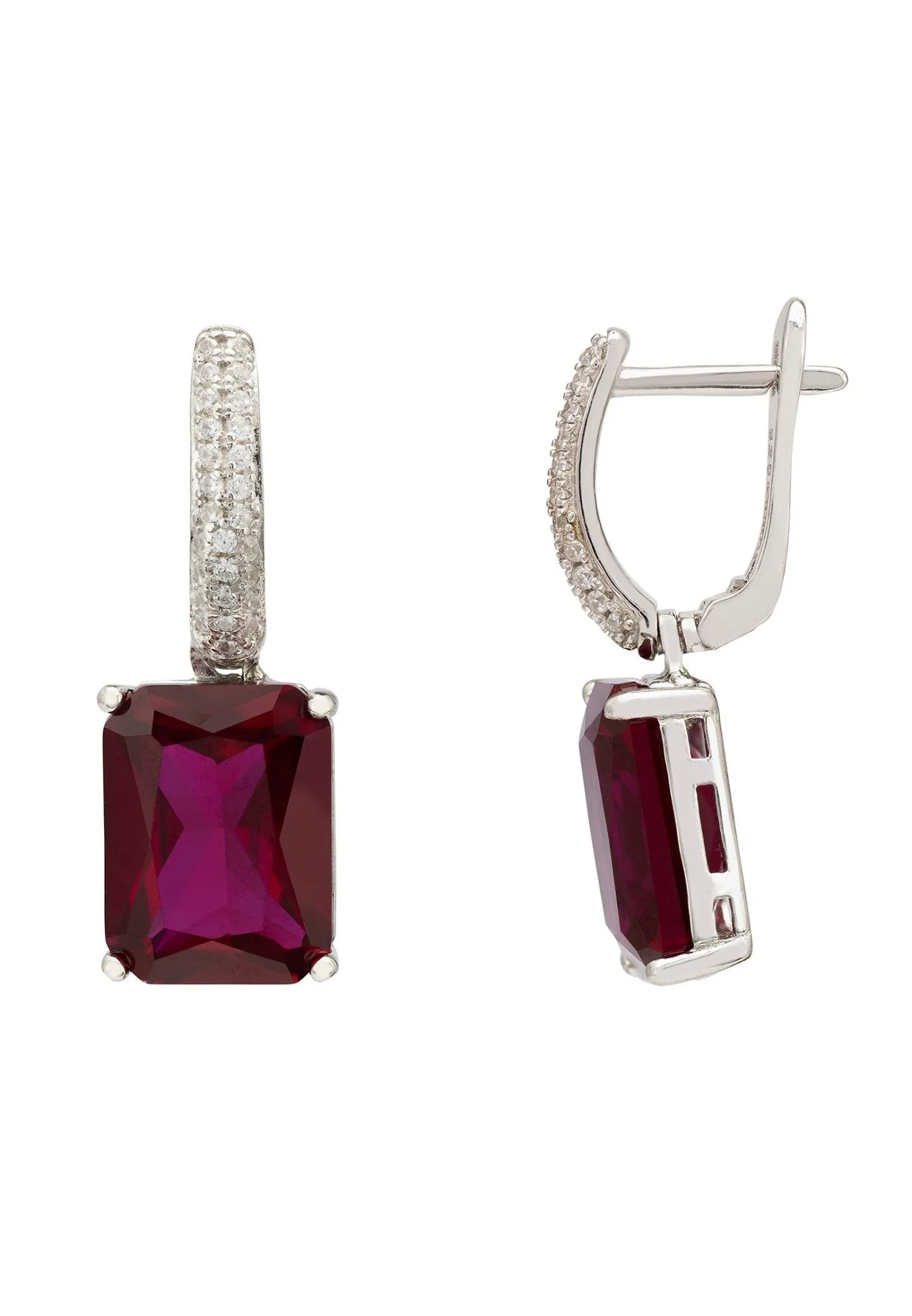 Alexandra Rectangle Drop Earrings Silver Ruby