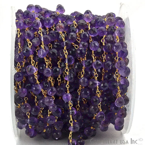 Amethyst Tear Drops Beads Gold Plated Wire Wrapped Briolette Rosary Chain