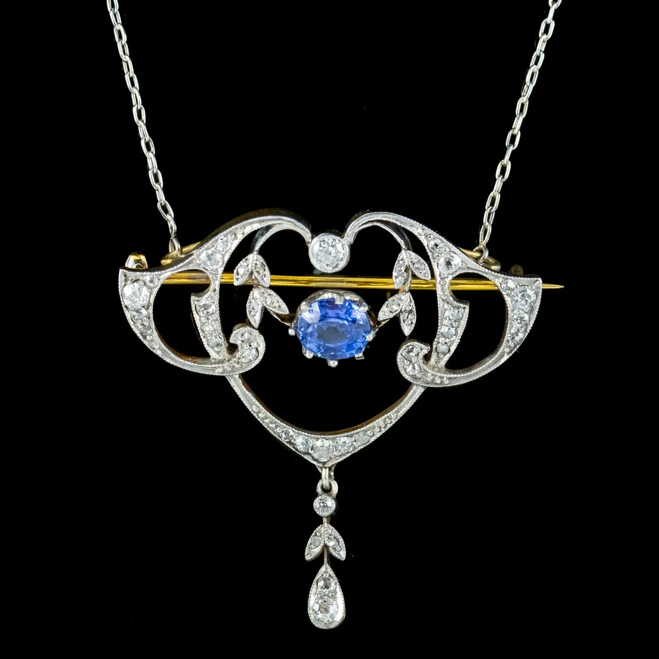 Antique Edwardian Ceylon Sapphire Diamond Lavaliere Pendant Necklace With Cert