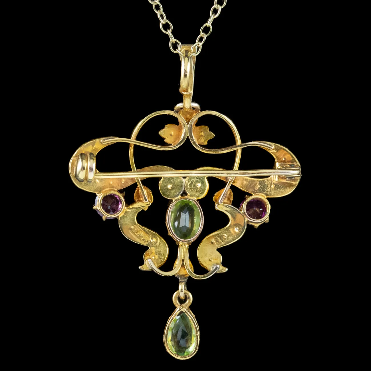 Antique Edwardian Suffragette Gemstone Pendant Necklace 9ct Gold